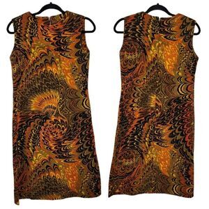 VTG 60's Dress Sleeveless Sheath Fiery Orange Psychedelic Burlap Tapestry Sz L